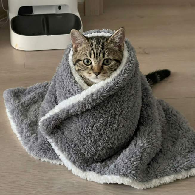 猫咪换小狸花猫，毛毯材质不改，包裹的方式稍微改一下预览效果