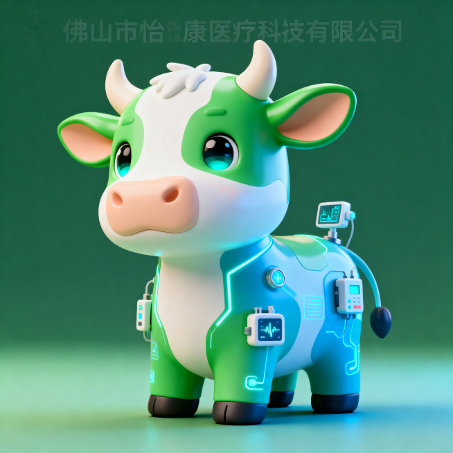 为佛山市怡康医疗科技有限公司设计3D吉祥物，形象为一头牛，整体颜色使用绿色和蓝色，风格现代科技感，符合医疗康复行业温馨专业的气质，3D卡通风格，形象可爱生动预览效果