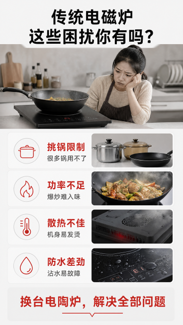 [第2屏] 痛点直击，解析传统电磁炉使用痛点。
[氛围/风格] 生活化场景风，浅灰底色，对比清晰，引起用户共鸣。
[元素布局] 画面分为上下两个区域，上方展示传统电磁炉常见使用痛点场景：只能用特定锅具预览效果