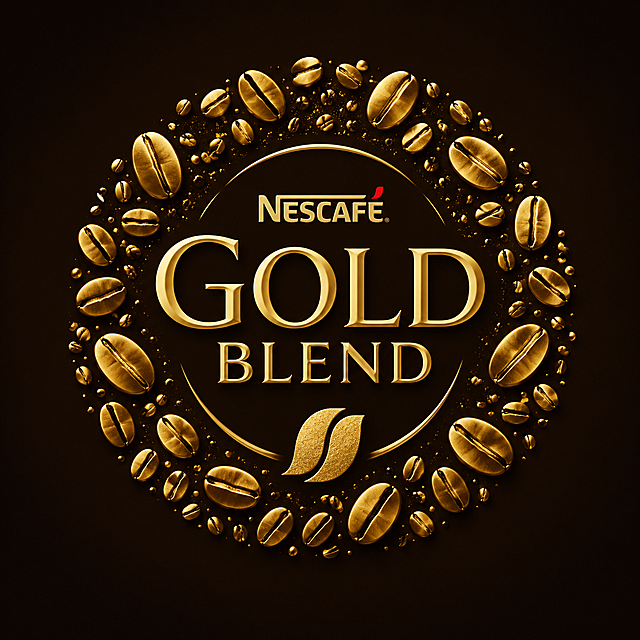 NESCAFE GOLD BLEND 店铺头像设计，深咖啡色背景，金色咖啡豆散落排列成圆形图案，中央金色"GOLD BLEND"艺术字体，极简主义设计，高端咖啡品牌，金色与深棕色调，精致细腻，金属光泽，简约现代风格，正方形构图，品牌标识设计
