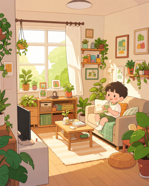 参考原图的治愈系插画风格，画面中有一个小朋友坐在沙发上喝AD钙奶，整体是充满绿植的温馨客厅，暖色调，阳光明媚的氛围预览效果