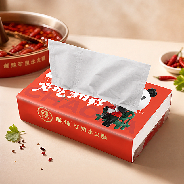 为这款潮辣火锅主题抽纸更换背景，背景符合火锅抽纸产品主题，整体风格简约干净，突出产品
