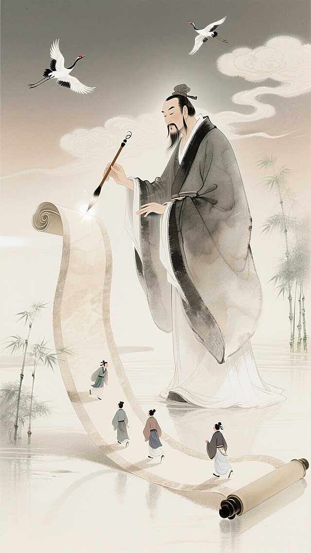 混合细腻彩铅质感，杏色为主色调。一个巨型的夫子（拿着一支毛笔）点着悬浮的蜿蜒不断的巨型卷轴；有几个古代学子行走在卷轴上；背景有飞鹤、祥云；竹子点缀画面。