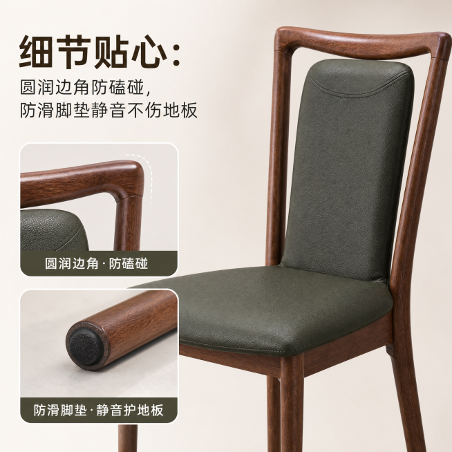 淘宝电商主图，1:1正方形，特写展示这款餐椅圆润边角和防滑脚垫细节，配文字卖点：“细节贴心：圆润边角防磕碰，防滑脚垫静音不伤地板”，干净简约背景，突出产品细节预览效果