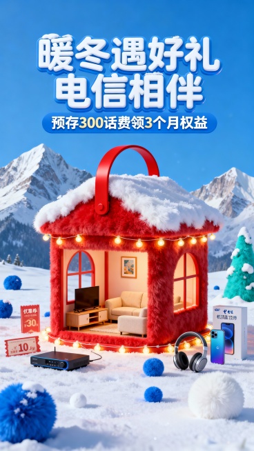 主体为红色灯笼造型小屋（屋顶积雪、红色提手，内部设米色沙发、电视配柜、装饰画，外围环绕暖黄串灯）配着宽带、机顶盒、手机、耳机 优惠券促销元素环绕在小屋附近；整体为蓝色背景，远景有雪山 ，近景雪地，有带预览效果