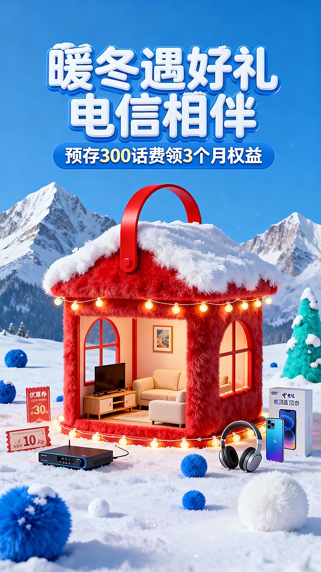 主体为红色灯笼造型小屋（屋顶积雪、红色提手，内部设米色沙发、电视配柜、装饰画，外围环绕暖黄串灯）配着宽带、机顶盒、手机、耳机 优惠券促销元素环绕在小屋附近；整体为蓝色背景，远景有雪山 ，近景雪地，有带雪绿松、蓝色和白色毛绒绒小球；上方3D白色卡通字体设计的主副标题组合“暖冬遇好礼 电信相伴  ”+“预存300话费领3个月权益”，