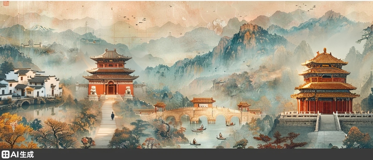 右侧平地建故宫群，中轴对称：主殿太和殿重檐金瓦三层须弥座，两侧配殿（中和保和或庑房）横向展开，红墙黄瓦连绵；前有开阔广场，汉白玉栏杆望柱如林，中央丹陛垂带石阶；背景青绿远山，云气绕殿后，宫廷与山水共绘预览效果