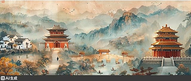 右侧平地建故宫群，中轴对称：主殿太和殿重檐金瓦三层须弥座，两侧配殿（中和保和或庑房）横向展开，红墙黄瓦连绵；前有开阔广场，汉白玉栏杆望柱如林，中央丹陛垂带石阶；背景青绿远山，云气绕殿后，宫廷与山水共绘仙境。