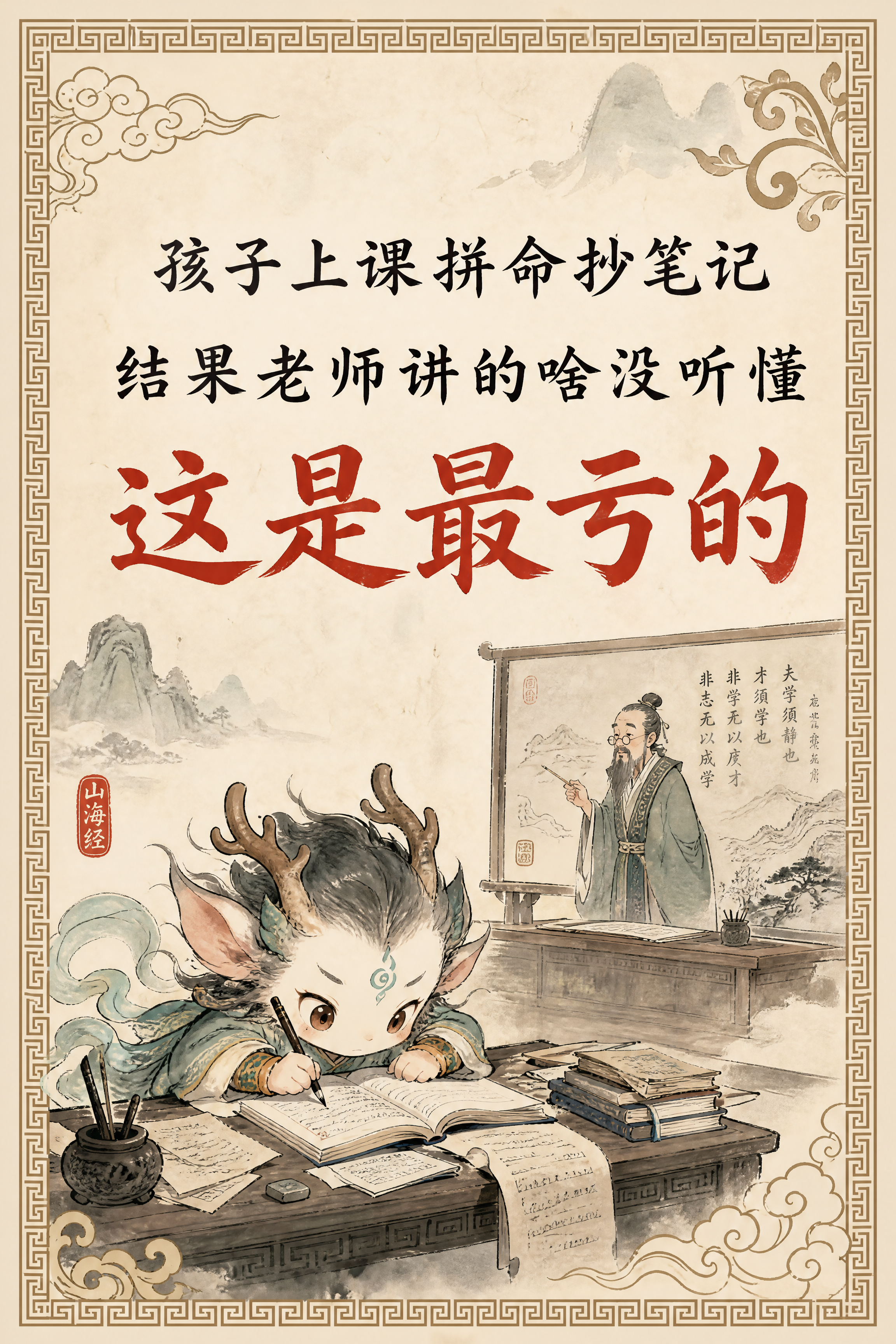 小红书笔记内页，痛点插画，国风山海经风格，米黄色宣纸纹理背景、… - 图片创意预览