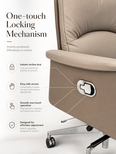 老板椅侧边调节按钮特写，展示开关结构设计，英文介绍文字 "One-touch Locking Mechanism"，突出一键调节便捷性，保留产品原有材质和配色，添加英文功能介绍预览效果