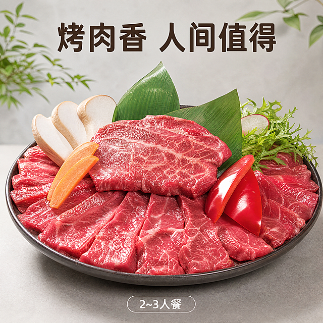 [主图] 烤肉套餐抖音主图，第二风格为清新ins简约风；保持原产品鲜切牛肉的外观纹理颜色和摆盘结构完全一致，搭配少量新鲜配菜，背景使用干净浅灰色调，搭配少量治愈绿植装饰，整体简约高级，突出产品本身。[画质] 商业美食摄影质感，光线柔和通透，产品清晰真实，画面干净高级。[光影] 柔和均匀的自然光，突出牛肉本身的粉嫩质感和油润光泽，没有强烈阴影。[配色] 主色调干净浅灰+牛肉鲜红，浅绿植物点缀，整体清新低饱和配色。[文字版式] 画面顶部居中对齐，大字主文案为"烤肉香 人间值得"，圆润无衬线字体深棕色；底部标注"2~3人餐"浅色小标签。商品主体占比约65%，画面满铺无边框。[比例分辨率] 1:1 比例，4k 分辨率，文字清晰可辨，超高清。[负向提示词] 变形，水印，文字错乱，产品图模糊，背景杂乱。