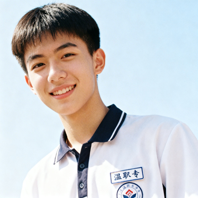 温职专的帅气男学生，面容清爽干净，发型整齐符合校园仪容仪表规范，胸前佩戴着温职专的校徽，穿着整洁的校服，神态阳光开朗，校园青春风格，画面清晰自然预览效果