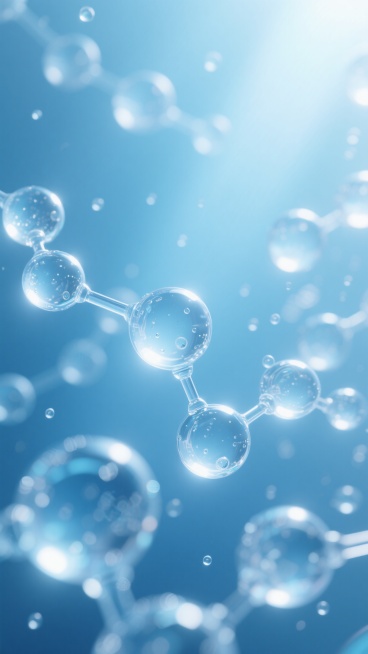 高清3D渲染风格的背景图，以透明水蓝色调为主，营造出纯净、科技感与宁静并存的氛围。画面中由多个大小不一、表面光滑且带有细微水珠的透明球体通过纤细的连接结构组合成类似分子链的形态，球体内部有柔和的光线折射效果，呈现出晶莹剔透的质感。整体构图采用多层次的空间布局，主要分子结构位于画面中央偏下位置，周围环绕着模糊虚化的同类结构作为背景，增强画面的纵深感和梦幻感。光线从上方柔和洒下，在球体表面形成明亮……预览效果