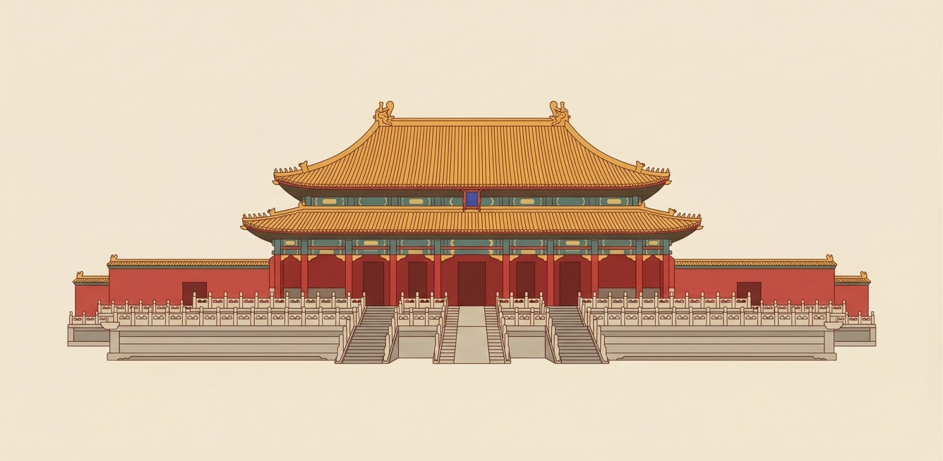 故宫乾清宫，严格保持乾清宫真实建筑形态，参考图提供的国潮扁平插画风格，浅米黄底色，红墙黄瓦，干净简约单建筑居中构图预览效果