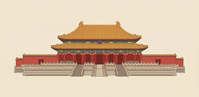 故宫乾清宫，严格保持乾清宫真实建筑形态，参考图提供的国潮扁平插画风格，浅米黄底色，红墙黄瓦，干净简约单建筑居中构图