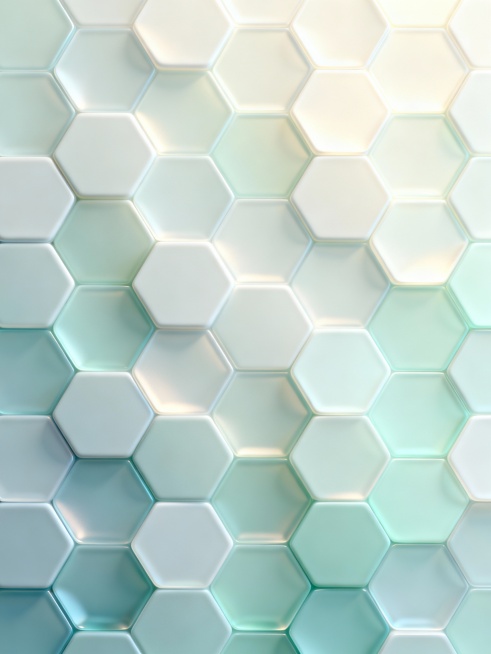 一张具有清新设计感的背景图，整体采用柔和的渐变色，由浅至深的淡雅色调自然过渡，营造出宁静舒适的氛围。画面主体是由大量规则排列的六边形几何图形构成的蜂窝状纹理，每个六边形单元都呈现出微妙的立体浮雕感，边缘光滑圆润，表面有细腻的光影变化，高光部分柔和明亮，阴影部分自然过渡，增强了整体的层次感和空间感。六边形大小略有差异，排列紧密有序却不显呆板，形成富有韵律的视觉节奏。整体风格简洁现代，色彩清新淡雅……预览效果