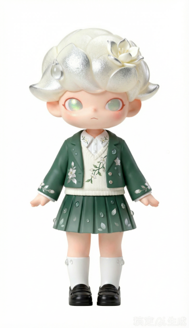 基于参考角色，保持原角色特征和发型不变，设计一套日常休闲JK制服现代衣服搭配，融入茉莉、清露元素，白色背景预览效果