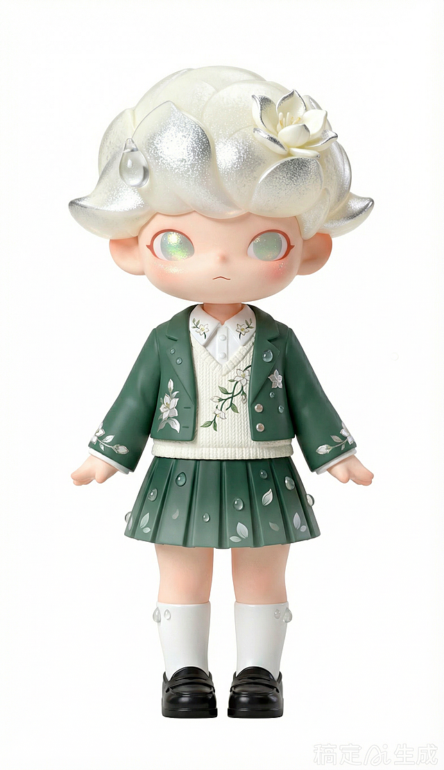 基于参考角色，保持原角色特征和发型不变，设计一套日常休闲JK制服现代衣服搭配，融入茉莉、清露元素，白色背景