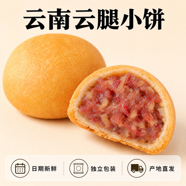 [主图-5]SKU与信任转化图，展示完整云腿小饼和切开产品的组合排版，两种大小拼合在一张1:1画面中，左上角放完整产品，右下角放切开内馅特写；保留所有产品原纹理和颜色一致，画面干净和谐，真实食欲感；背预览效果