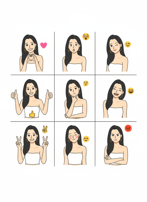保持人物主体不变，创作一组简笔画风格表情包，搭配一些emoji图标，包含表情不同、姿势不同的九宫格表情包预览效果