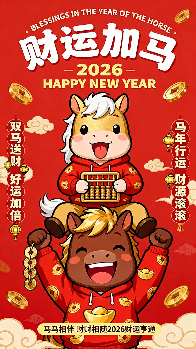 童趣手绘风格马年春节海报，平涂色彩，高饱和度正红色背景，点缀金色铜钱与祥云纹样。画面主体是两只叠放的 Q 版拟人阿拉伯马：
下方是体型较大的深棕拟人马（金鬃毛），大笑表情，穿着印满元宝图案的红金新年卫衣，双手举着上方的马，同时握着一串铜钱
上方是浅金拟人马（白鬃毛），吐舌头俏皮表情，穿着同款元宝卫衣，双手抱着一个金算盘
文字排版：
顶部：可爱白色艺术字主标题「财运加马」
主标题上方：弧形浅米色小字 “BLESSINGS IN THE YEAR OF THE HORSE”
中间：浅黄色艺术字副标题 “2026 HAPPY NEW YEAR”
左右竖排：左 “双马送财 好运加倍”（配金色小灯笼图形），右 “马年行运 财源滚滚”（配金色小灯笼）
底部：浅黄小字 “马马相伴 财财相随 2026 财运亨通”