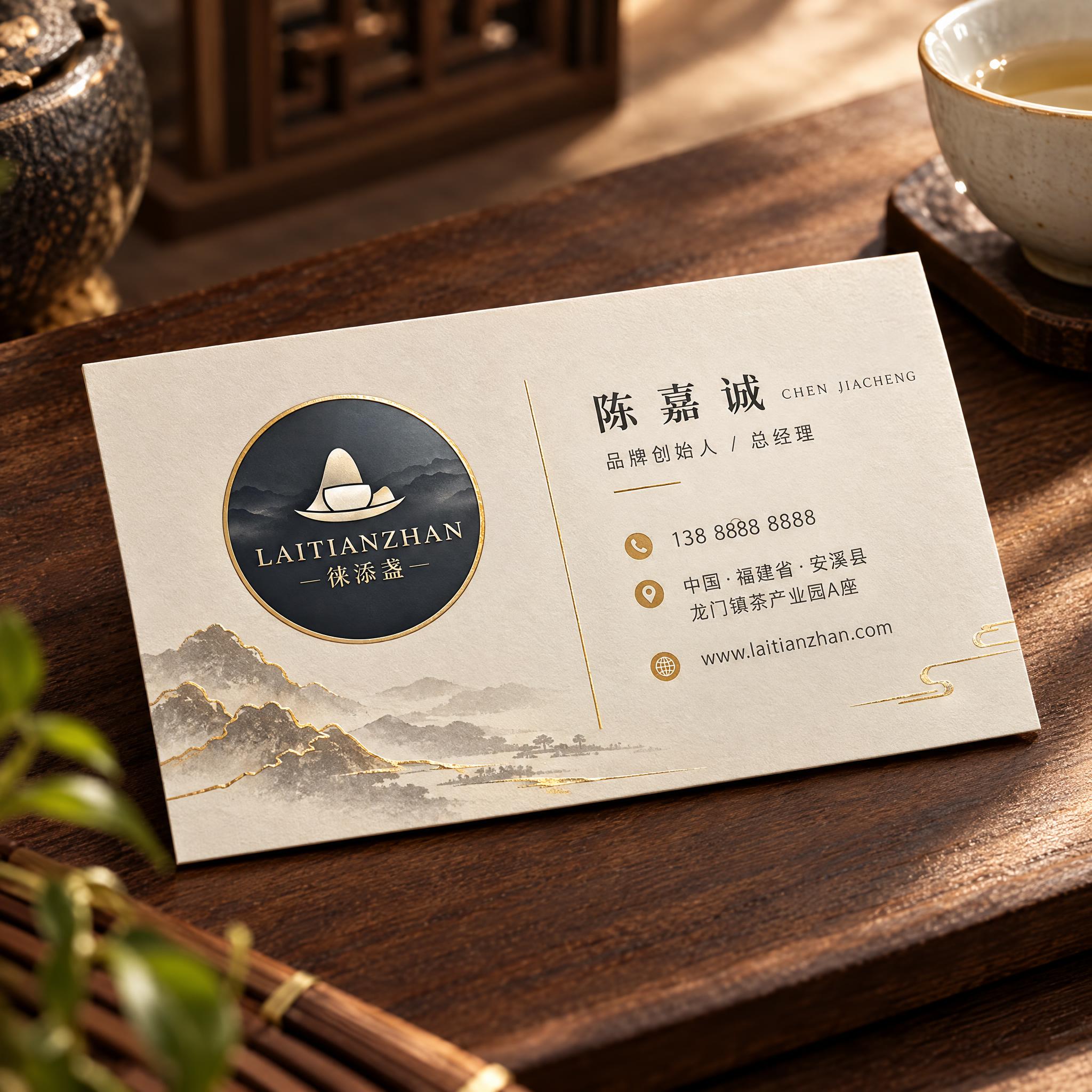 徕添盏茶品牌名片设计模板，正面展示。新中式高端风格，米白色底色… - 图片创意预览