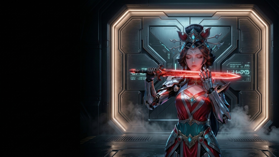 角色稍微缩小，背景变成站在科技感透着一丝光亮的科技感门前，左边是黑色留白，人物明暗对比强烈预览效果