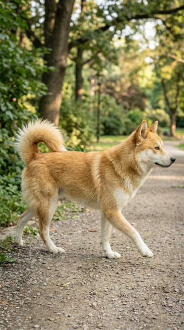 保留原有黄白毛发、立耳、蓬松尾巴的中华田园犬特征，修改为侧面视角，全身行走姿态，呈现侧脸，保留户外公园背景、自然光、写实摄影、高细节风格预览效果