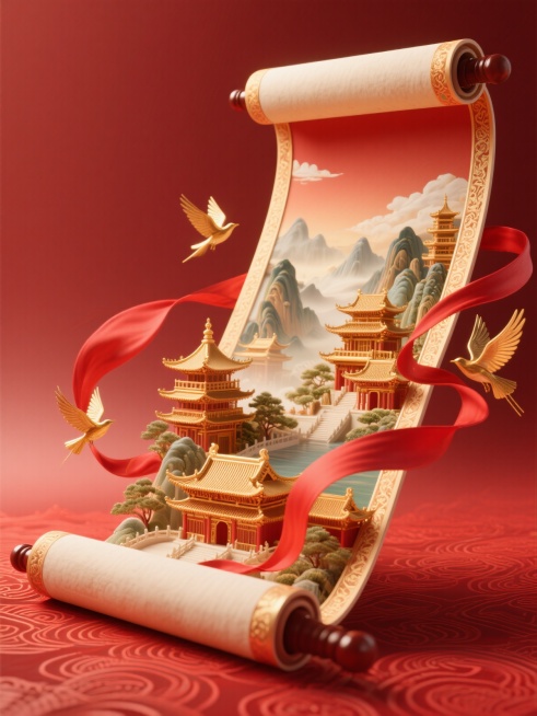 红色为主色调，立体写实风格，画面主体是华丽精致的立体卷轴展开的效果，卷轴内有金色的古建筑群和山水景观，搭配红色飘带、金色飞鸟环绕，红色暗纹渐变背景预览效果