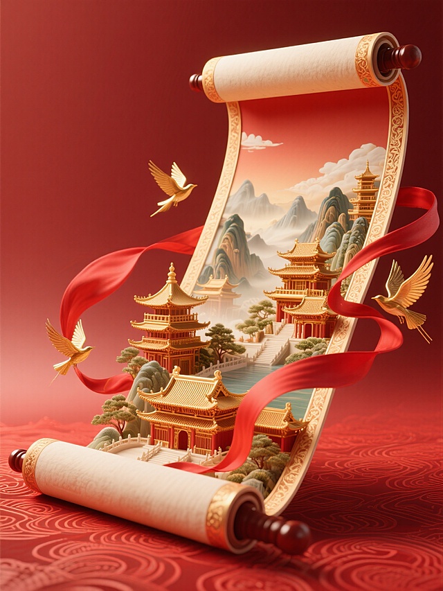 红色为主色调，立体写实风格，画面主体是华丽精致的立体卷轴展开的效果，卷轴内有金色的古建筑群和山水景观，搭配红色飘带、金色飞鸟环绕，红色暗纹渐变背景