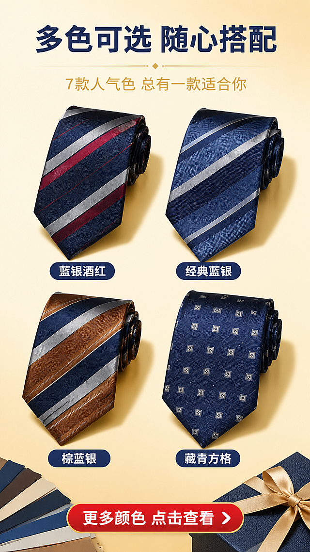 [第5屏] 多色展示页 - 多色领带矩阵陈列。本屏使用【图4】作为商品主体（多色领带同框）。
[氛围/风格] 丰富选择感，矩阵陈列，商业摄影质感，拼多多多色可选氛围。
[元素布局] 画面中上部2x2矩阵排列4条不同颜色领带，占比约60%-65%；左上蓝银酒红条纹、右上蓝银条纹、左下棕蓝银条纹、右下藏青小方格；每条领带下方对应色号标签；背景为浅金色渐变背景；点缀元素：色卡、礼盒装饰。
[光影质感] 顶部均匀柔光，每条领带下方自然投影，整体明亮有质感。
[配色色系] 全局底色 #FFF8EE（浅金）；主色藏青、金色；辅助色各款领带本身颜色。
[视角构图] 正面微俯视，矩阵居中，阅读动线顶部标题 → 中部矩阵 → 底部选购引导。
[文字版式] 版式为上标题+中矩阵+下引导。顶部主标题「多色可选 随心搭配」，藏青色粗黑体；副标题「7款人气色 总有一款适合你」，金色中号字；每条领带下方小标签写色号名称：「蓝银酒红」「经典蓝银」「棕蓝银」「藏青方格」；底部红色按钮状条「更多颜色 点击查看」。
[比例分辨率] 9:16 竖版比例，4K 分辨率，文字清晰可辨，高清画质。
[负向提示词] 领带变形，颜色错乱，水印，文字模糊，产品图模糊，背景杂乱。