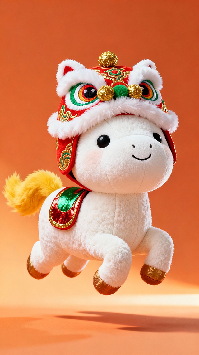 软3D风格的萌趣小马，身披国潮风舞狮帽，毛发生长质感十足，搭配喜庆红金配色与面料细节，尽显中式节日氛围。