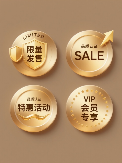 在纯色背景上，以金色为主色调，采用3D立体渐变质感设计四个规整排布的圆形徽章。第一个徽章内有“限量发售”字样，上方配“LIMITED”英文，右侧有向上的金色箭头装饰；第二个徽章内为“品质认证”文字，上方是“QUALITY”英文，左侧添加金色盾牌图标；第三个徽章包含“特惠活动”字样，上方是“SALE”英文，底部有金色波浪线条；第四个徽章内是“会员专享”文字，上方为“VIP”英文，周围环绕金色五角……预览效果