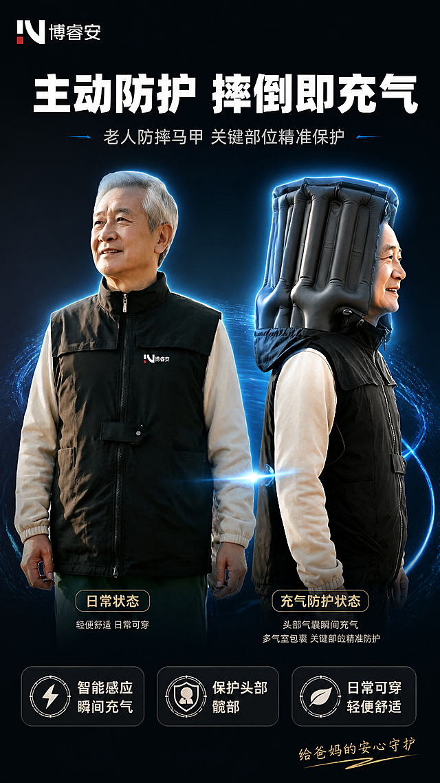 防摔马甲功能海报，核心展示充气爆开瞬间的视觉冲击效果。

【主体】画面中心为一位60岁左右的中国老年男性，面容慈祥，穿着黑色防摔马甲（内搭浅米色长袖上衣），展示马甲从正常状态到头部气囊爆开充气的前后对比效果。左侧人物正面站立，马甲处于未充气的日常状态，立领、正面拉链、左胸"博睿安"品牌标识、胸前口袋、两侧大口袋均清晰可见；右侧同一人物侧面视角，马甲头部气囊已完全充气爆开，形成多气室结构的黑色充气护头装置，包裹头部后侧与侧面，展示主动防护的核心功能。防摔马甲100%还原上传商品图的产品外形、LOGO、印刷文字、颜色、面料质感、口袋结构、拉链样式与正面朝向，以上传图为唯一商品主体来源，设计仅作用于背景、光影、版式和文字区；充气气囊部分为产品功能展示，与马甲主体自然连接，结构合理。商品主体占画面约60%。

【场景与光影】深色科技感渐变背景（深蓝灰到纯黑），营造专业可靠的氛围；人物周围有微弱的蓝色科技光效环绕，突出充气瞬间的能量感；主光从左前方45度照射，清晰照亮马甲正面与品牌标识；右侧气囊部分有侧逆光勾勒充气结构的轮廓高光，展现多气室的立体形态；整体光影对比强烈，突出产品主体，背景简洁不抢戏。

【配色】主色沉稳黑（马甲+气囊）；辅色深蓝灰（背景）、科技蓝（光效点缀）；强调色亮白（主标题文字）、暖金（品牌与标签）。

【视角构图】平视构图，左右对比式布局，左侧正面人物、右侧侧面充气人物，中间通过光效自然过渡；人物居中偏下，上方留足标题空间，下方留卖点区域，四周安全边距充足。

【文字】画面顶部居中主标题"主动防护 摔倒即充气"，白色粗体大号无衬线字，醒目有力；主标题下方副标题"老人防摔马甲 关键部位精准保护"，浅灰色中号字。画面底部横向排列三个卖点标签，圆角半透明深色底+白字：左"智能感应 瞬间充气"、中"保护头部髋部"、右"日常可穿 轻便舒适"。左上角放置"博睿安"品牌Logo，保持原图字形与配色。右下角小字"给爸妈的安心守护"，暖金色。所有文字清晰可读，不遮挡人脸与马甲关键结构。

【版式】版式精美，上下分层+左右对比布局，标题区在上、产品对比区在中、卖点区在下，层级分明，节奏清晰，科技感与安心感兼具。

画面中所有信息区域、卖点标签、品牌区必须填充完整合理的内容，不得出现空白框、空白占位、横线待填写区域、空列表项、空单元格；确保是完整可用的成品海报而非待填写模板。

画面禁止出现多余的手、多余的手指、畸形手、融合手指、手部扭曲、肢体穿模、人物面部扭曲、关节反折、变形、文字错乱、产品图模糊、背景杂乱、水印、电商平台Logo。