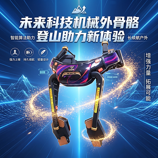 淘宝商品详情页首屏，主视觉展示登山助力机械外骨骼，科技风格蓝色背景，突出标题文字"未来科技机械外骨骼，登山助力新体验"，整体设计符合电商平台调性，产品展示清晰