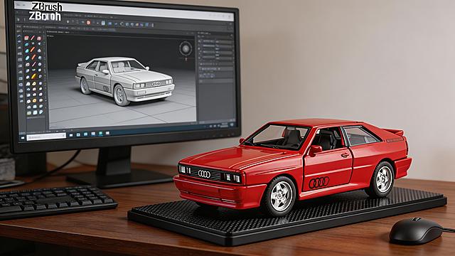 A highly detailed commercial Audi Quattro 1980 car model with a scale of 1:10, realistic style, placed in a real-world environment on a computer desk. The model base is made of carbon fiber material with no text on it, the computer screen displays the ZBrush modeling process of this car model, ultra high resolution image