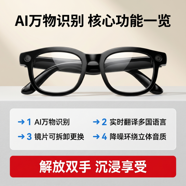 [主图 2] AI智能翻译眼镜核心功能亮点展示；
[氛围风格] 延续首图科技简约风格，干净清晰，信息层级分明；
[画质] 商业设计质感，文字清晰锐利，产品真实清晰，画面干净高级；
[元素] 黑色AI智预览效果