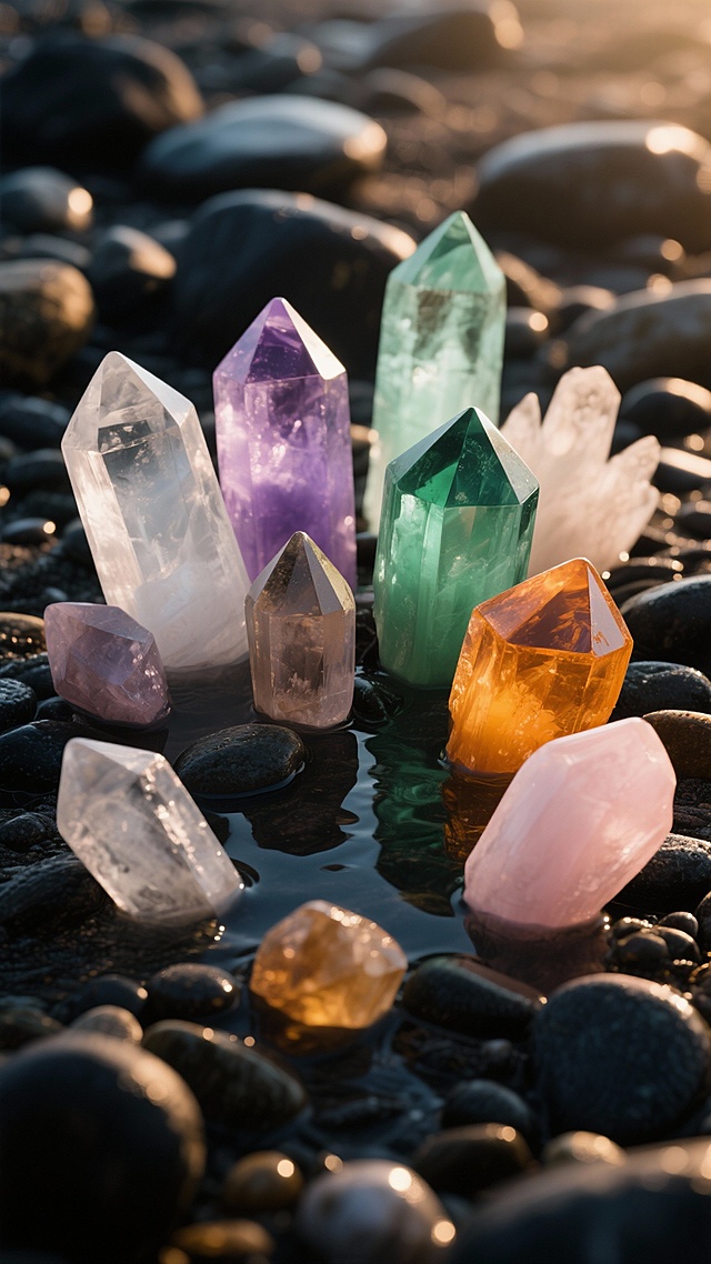 清透晶石于溪流间熠熠生辉，光影交错，静谧唯美的虚拟自然场景，重拟物风与玻璃质感交融，营造梦幻实景感。