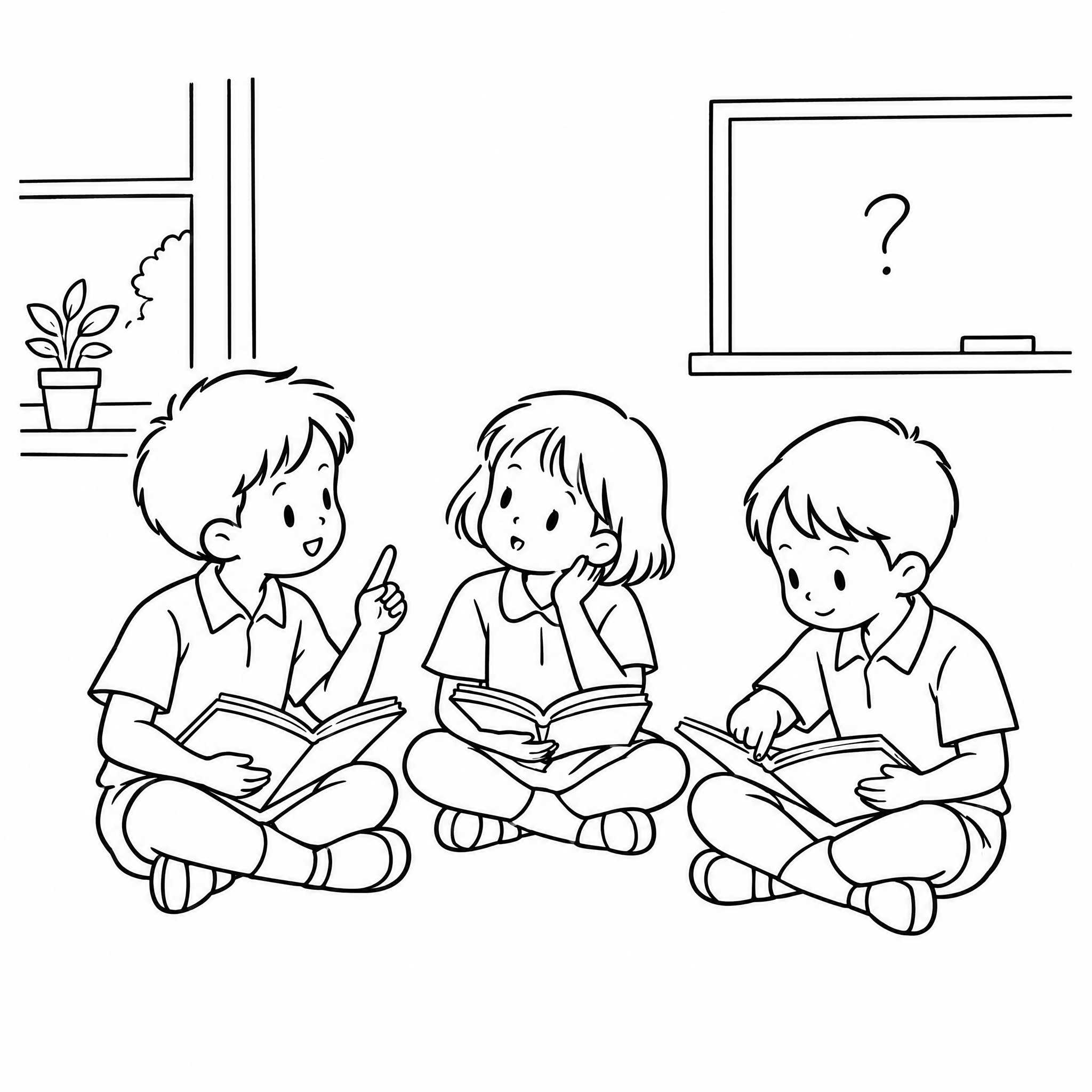 简笔画风格，三个学生围坐在一起，手里拿着书本，正在讨论问题，线… - 图片创意预览