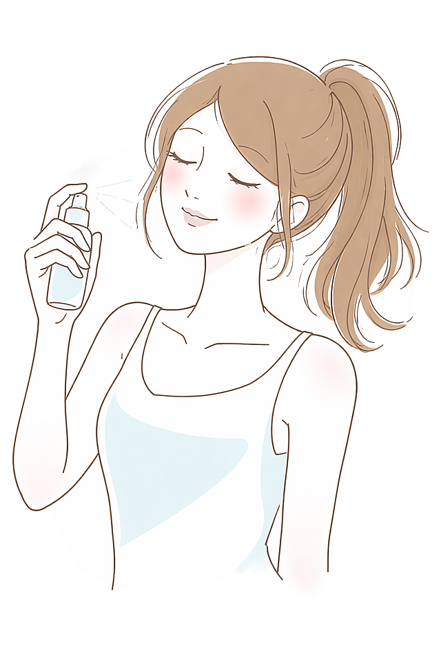 参考简约线条插画风格，女生，头发扎起来，闭着眼睛，手握着补水喷雾，浅淡配色，腮红粉嫩，线条简约柔和，浅色背景
