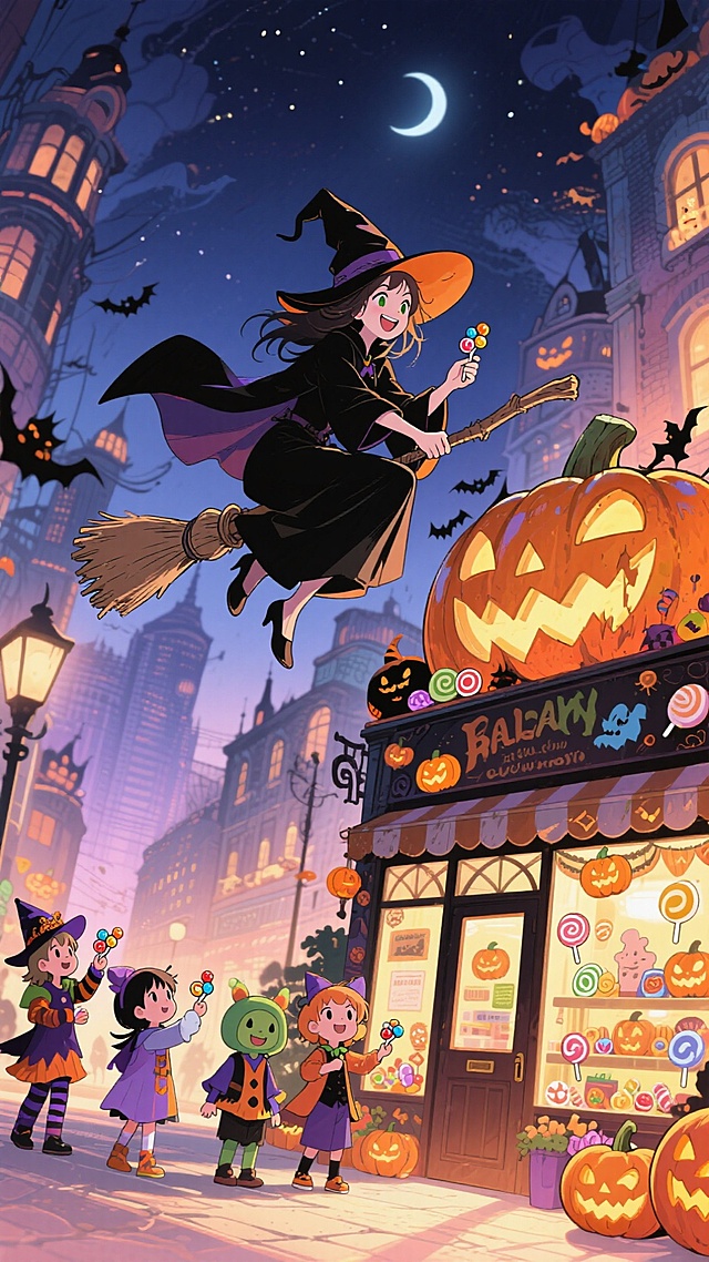 梦幻感与可爱感交织的万圣节夜景，卡通风格插画风，拟人化小巫师与南瓜灯店相映成趣，充满节日欢乐氛围。
