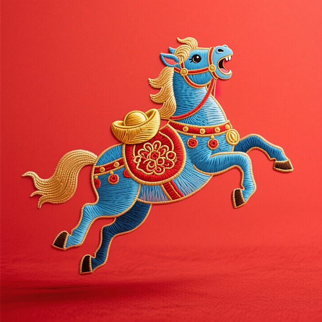 纯平面，主体是 Q 版蓝色小马（装饰金色鬃毛、红色花纹鞍具，背上驮着元宝），悬空，呈跳跃姿态，抬头张嘴叫。纯红色背景