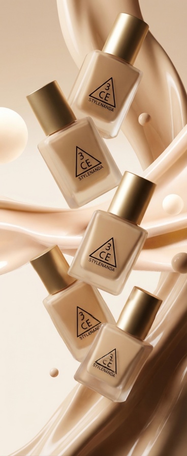 将图一的3CE粉底液放在图二的流动粉底液背景中，参考图三的排列方式，错落摆放多个3CE粉底液，营造堆叠氛围感，保持背景和粉底液的光影质感一致预览效果