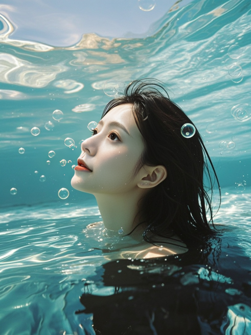 水下写真风格，高分辨率，模拟真实水下摄影质感 。特写展现一位年轻女性，流露宁静与神秘气质 。阳光穿透水面，形成斑驳光影洒在她脸部与头发上 。周围散布着闪烁光线的小气泡 。整体色调为蓝绿渐变的冷色调 ，预览效果