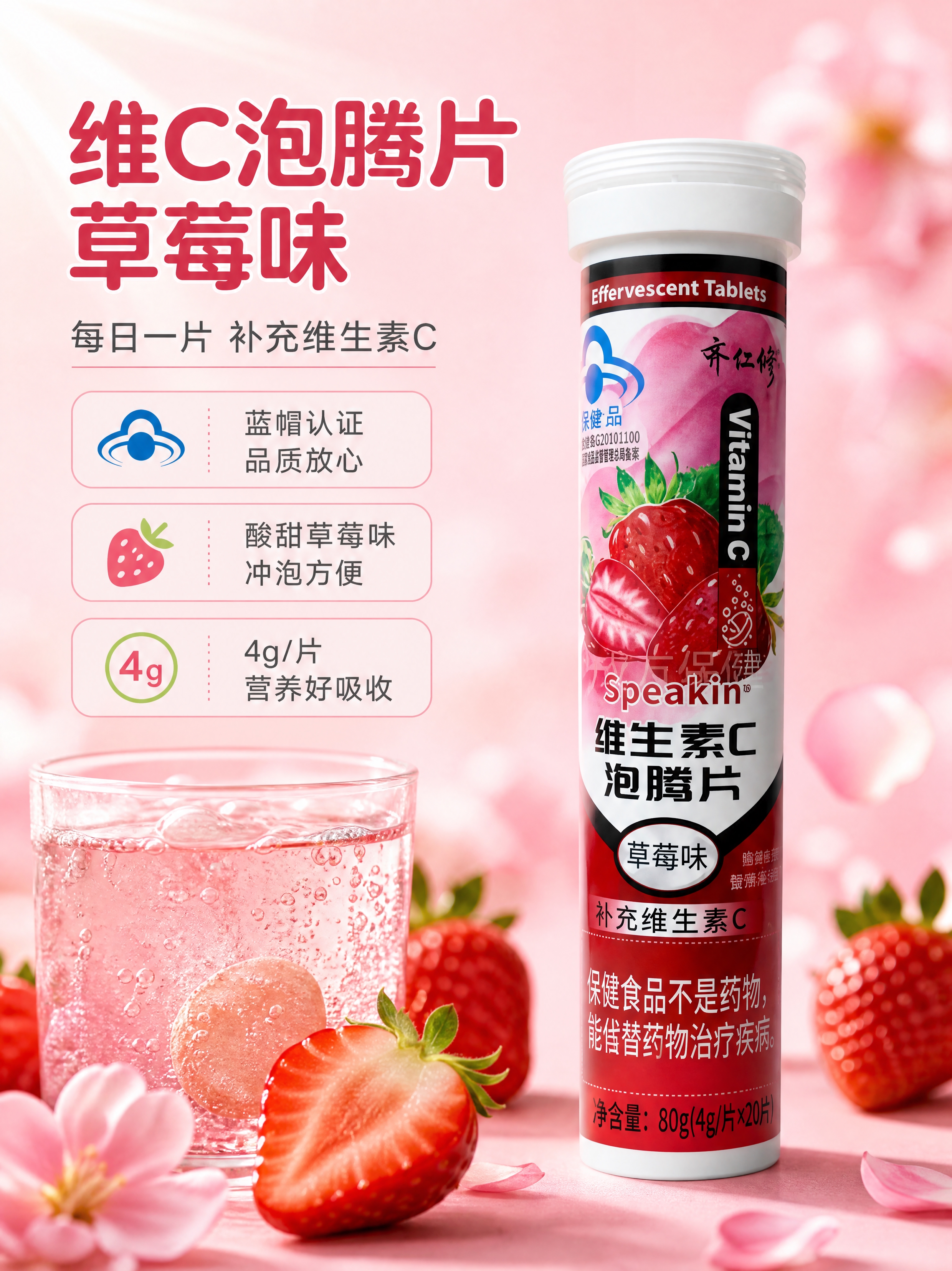 [商品] 使用【图2】草莓味维生素C泡腾片；保留白色瓶盖、红色… - 图片创意预览