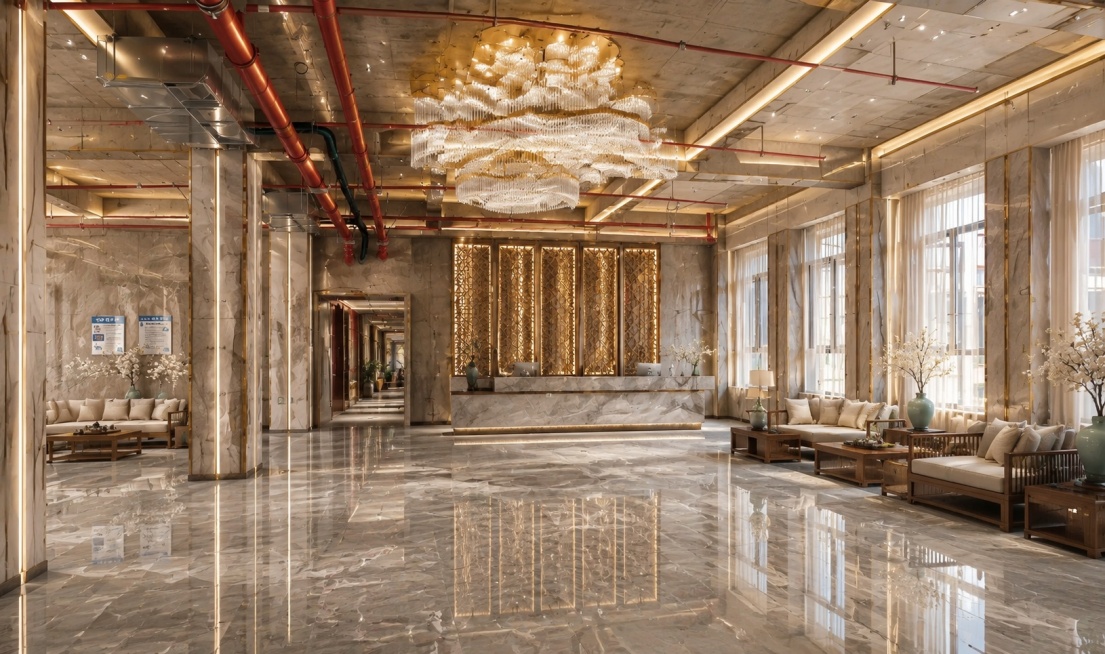 完整保留原图全部原始建筑结构，不拆除、不移位任何构件：顶部混凝土横梁、红色消防管道、中央空调风管、画面左侧两根方形承重水泥立柱、右侧四扇连续落地窗、后方中间门洞、左右水泥墙体、地面轮廓、墙面告示牌全部预览效果