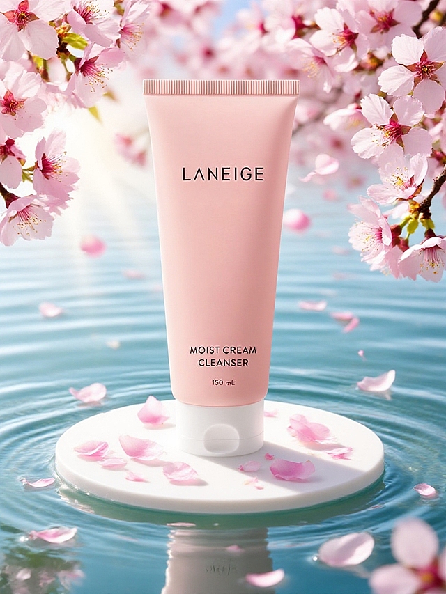 主体放置在透光湖水中的白色展台上，周围散落大量樱花花瓣，自然光线