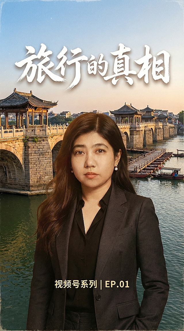 保留人物主体和文字"旅行的真相""视频号系列 | EP.01"，更换为潮州广济桥景色背景