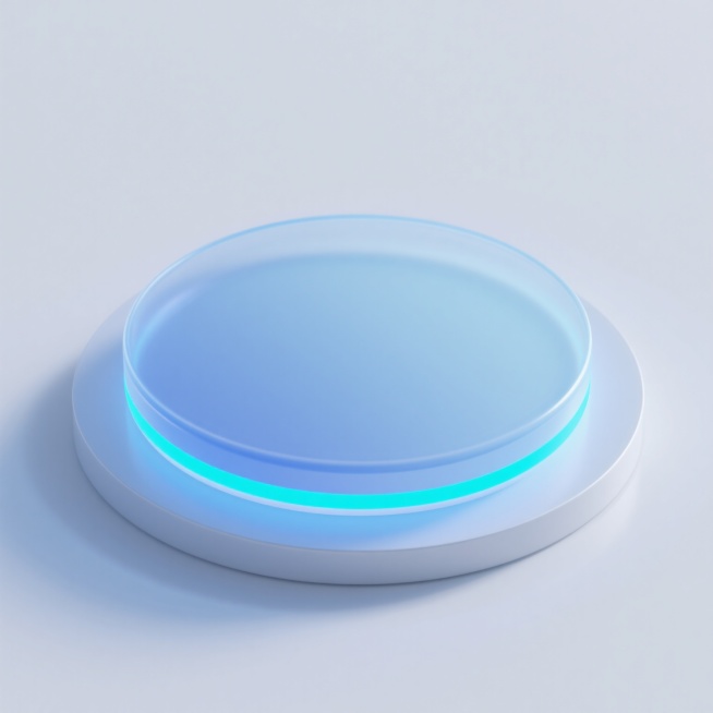 一个圆形的底座，整体呈现出半透明的浅蓝色渐变效果，边缘有一圈明亮的蓝色发光线条，散发着柔和的光晕，底座下方有淡淡的阴影，整体风格简洁现代，具有科技感和未来感，背景为纯白色。预览效果