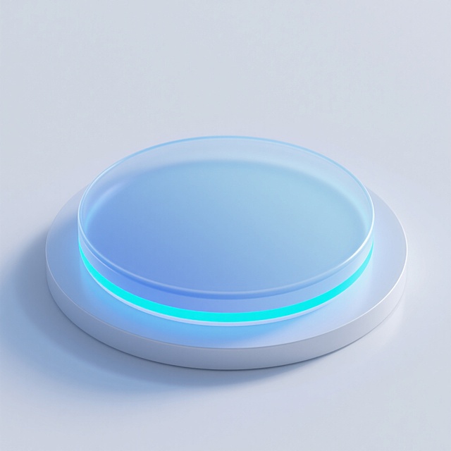 一个圆形的底座，整体呈现出半透明的浅蓝色渐变效果，边缘有一圈明亮的蓝色发光线条，散发着柔和的光晕，底座下方有淡淡的阴影，整体风格简洁现代，具有科技感和未来感，背景为纯白色。